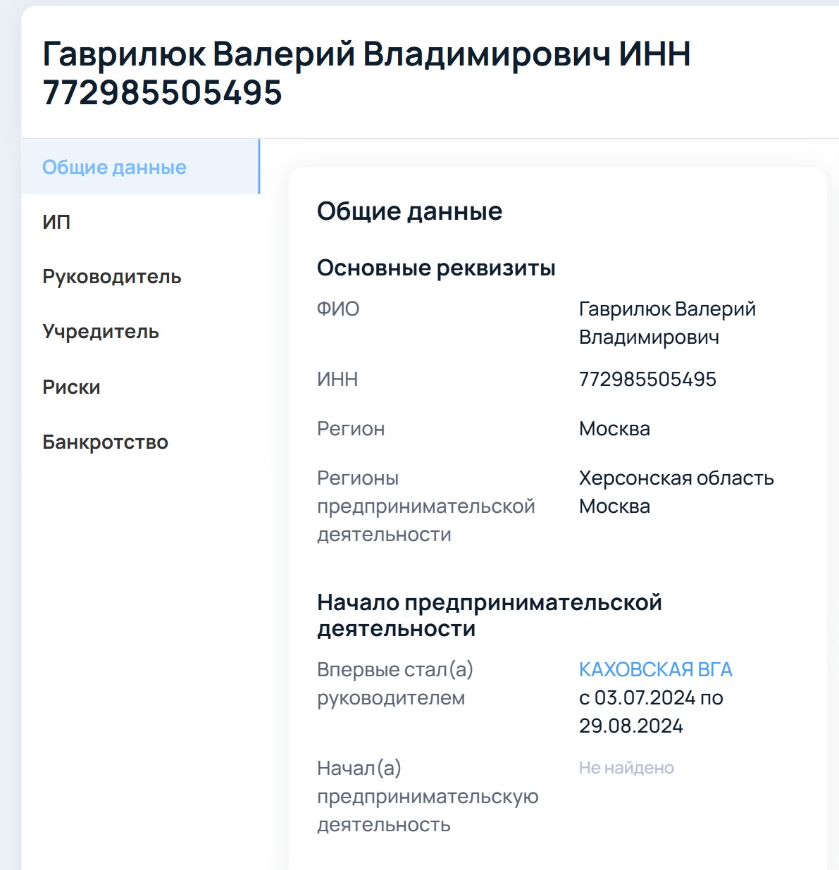 Інформація про Валерія Гаврилюка в російському реєстрі